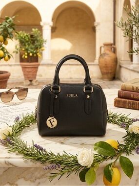 Furla Black Saffiano Mini Satchel with Gold Charm
